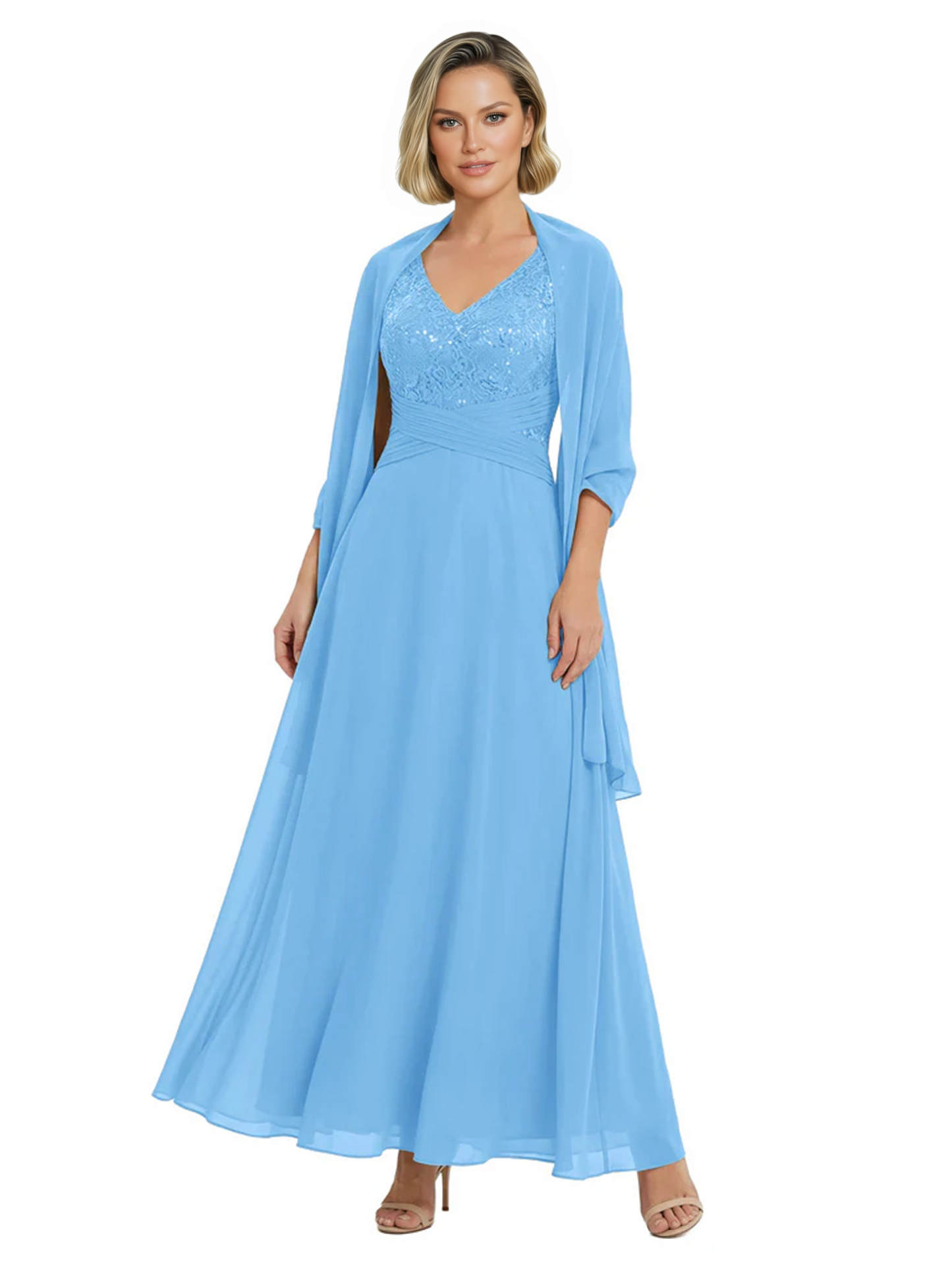 Luxury Formal Mother of Bride Dress Sparkling Sequin Top & Flowy Chiffon Skirt with Shawl