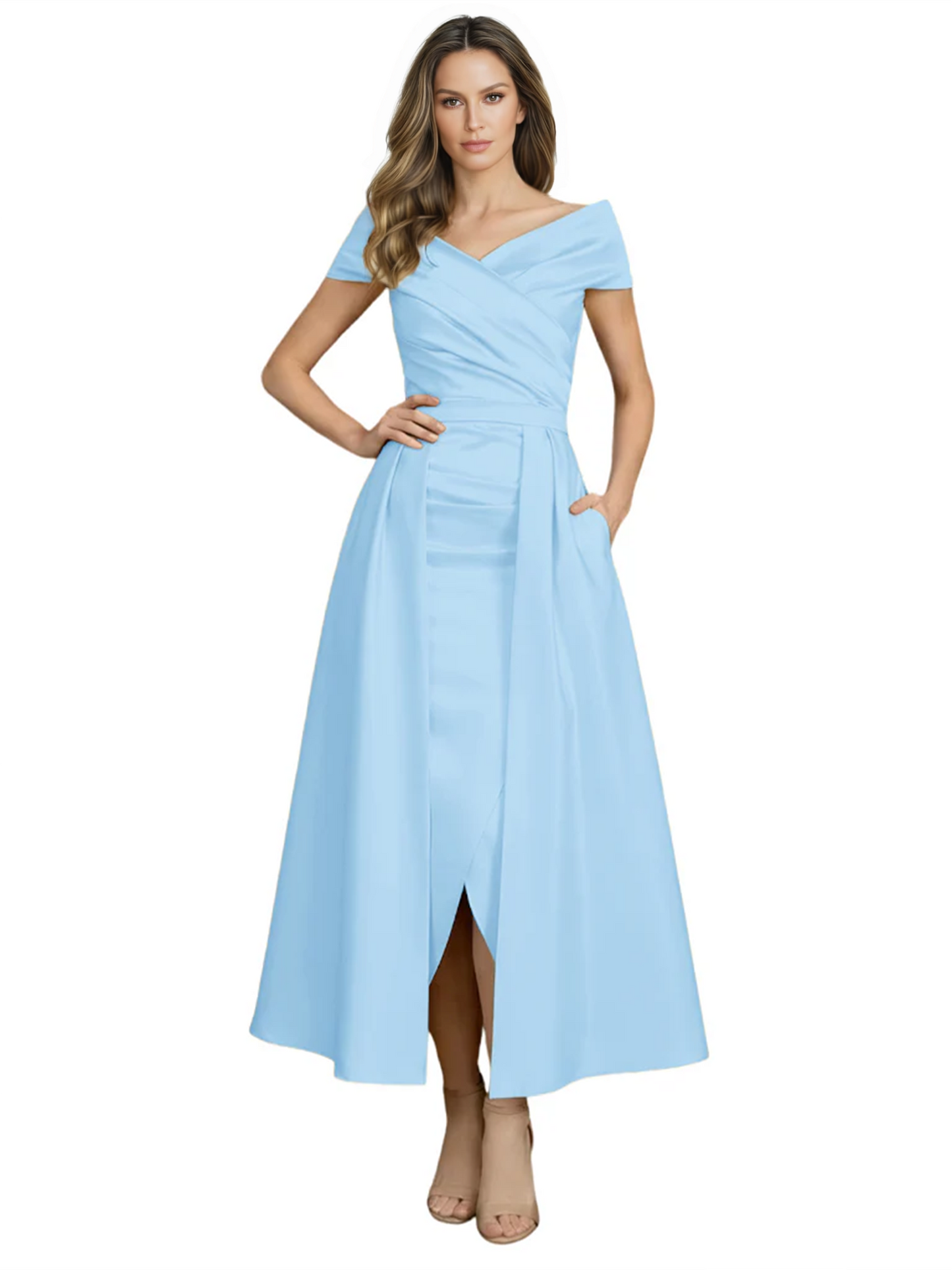 Formal Floor-Length Mother of the Bride Gown Satin Maxi Dress with Slit Off Shoulder