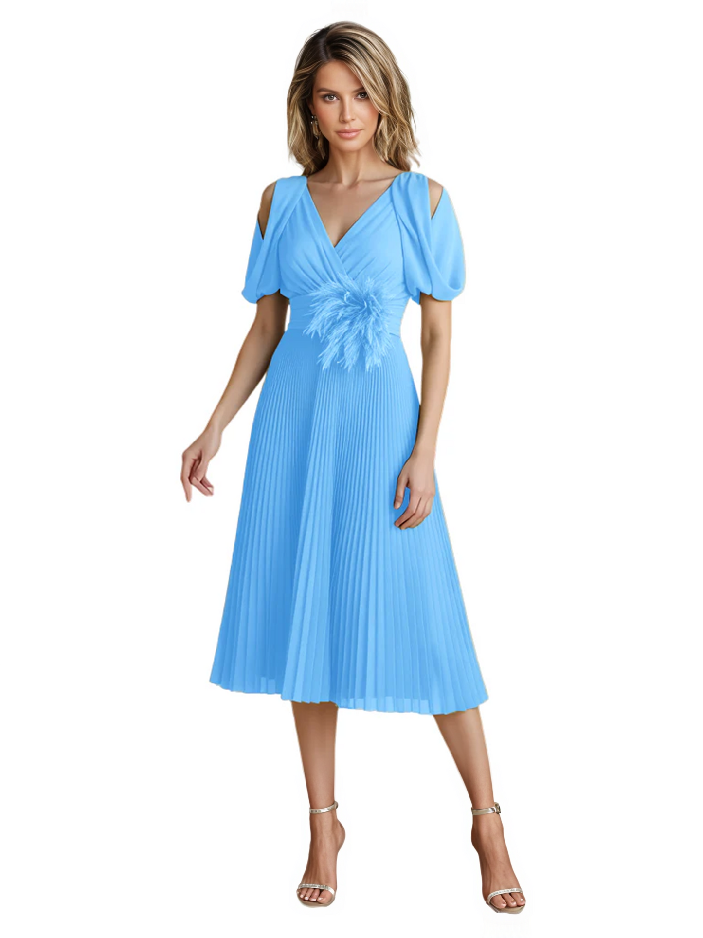 Wedding Formal Dress V-Neck Pleated Chiffon Gown with 3D Flower Accent Knee Length