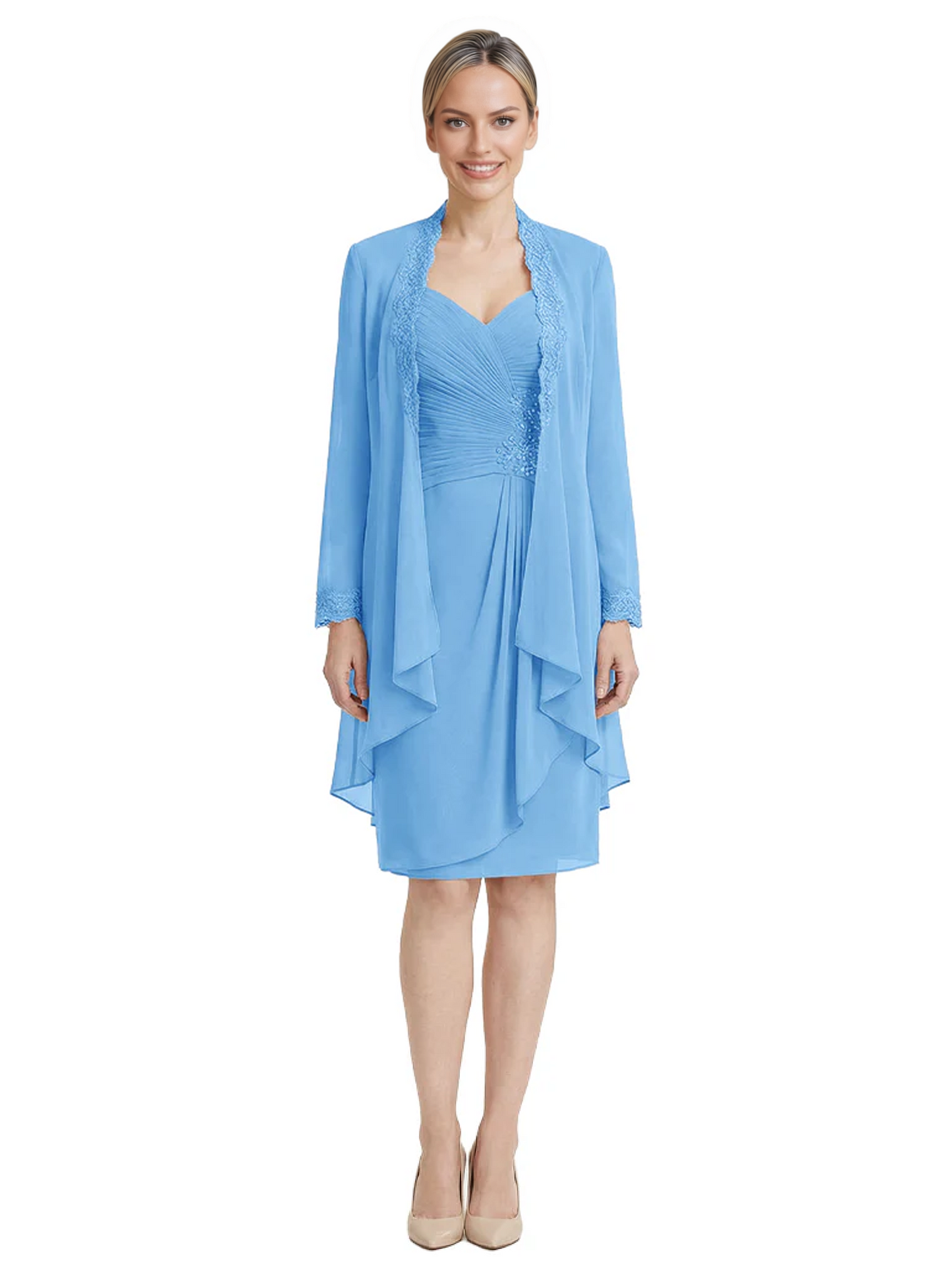 2PCS Knee Length Chiffon Mother of the Brides Dresses Short V-Neck