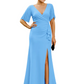 Elegant Evening Gown Trending V-Neck & Ruffle Detail Mother of Bride Outfits Slit