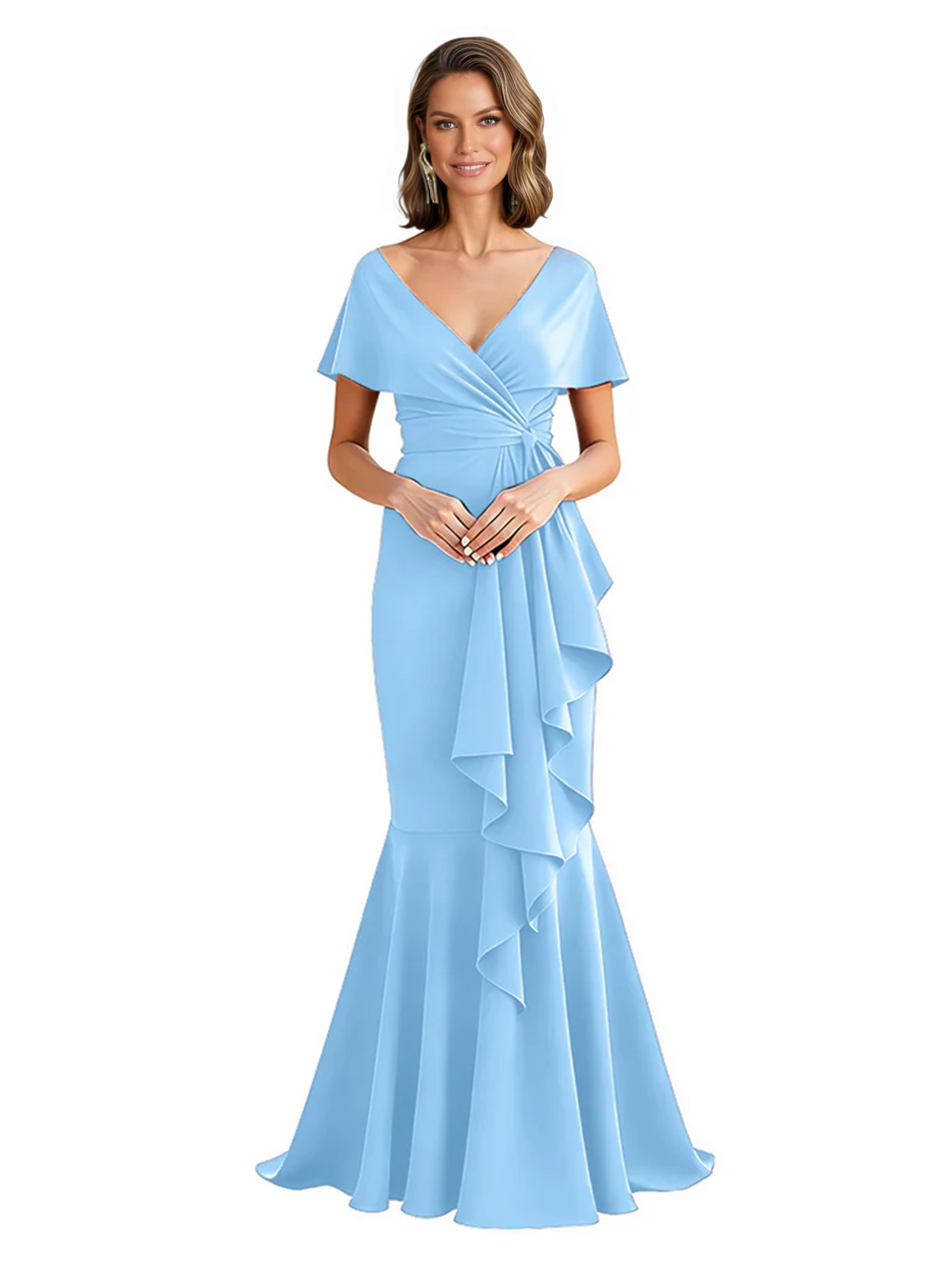 Satin Mother of the Bride Dress with Cascading Ruffles and Mermaid Tail V-Neck