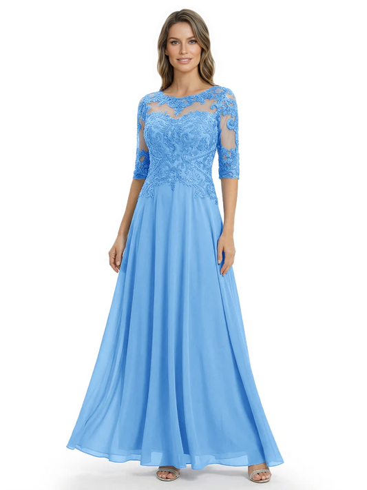 Illusion Neck Mother of the Bride Dress Half Sleeve Lace Applique Gowns Chiffon