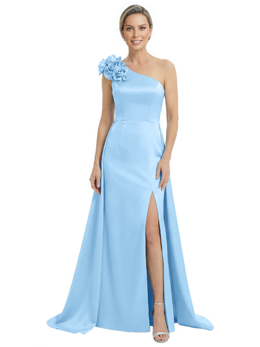 One Shoulder Mother of the Bride Dress with 3D Floral Detail Formal Dress A-Line Gowns with Slit