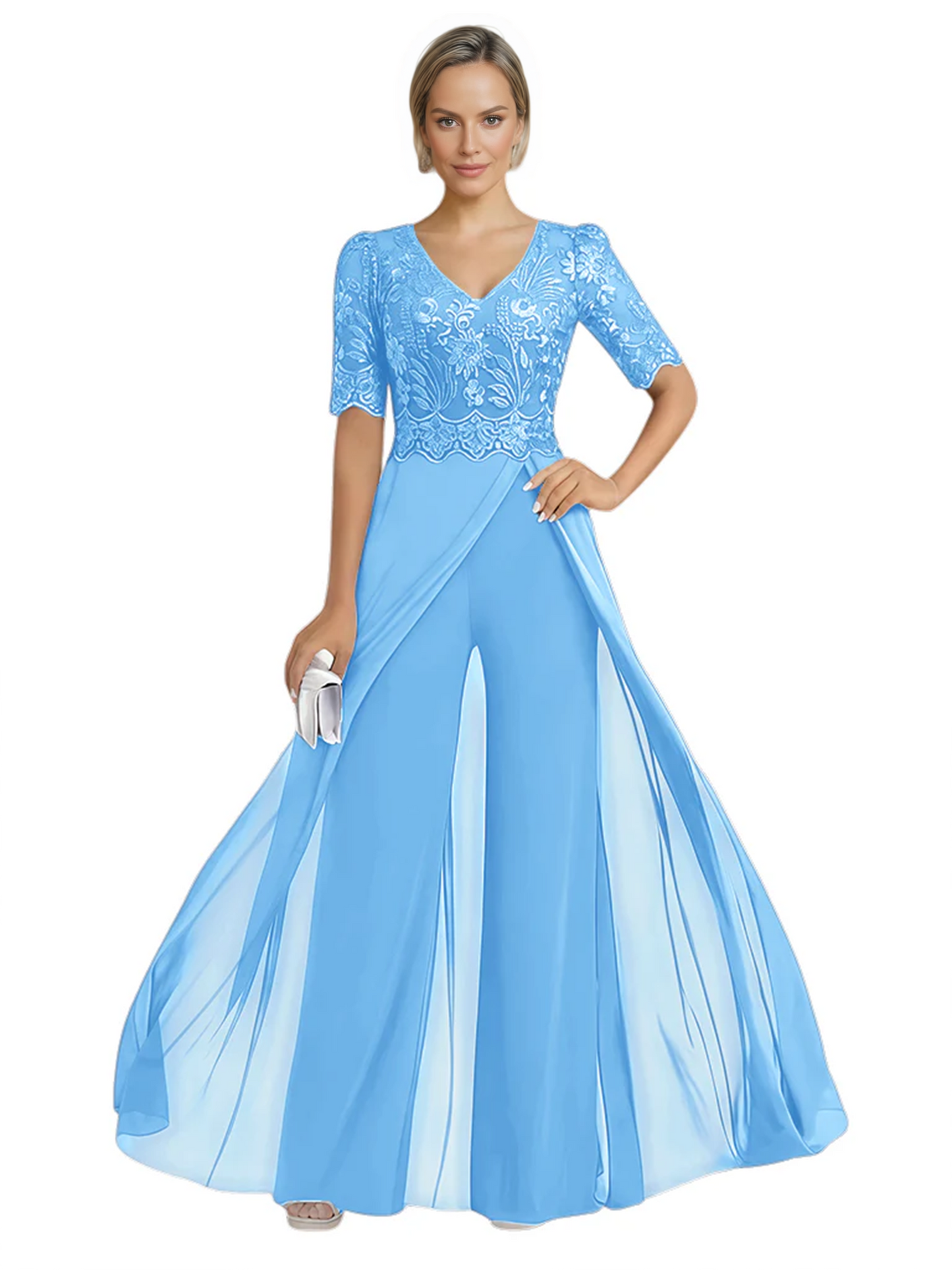 V-Neck Chiffon Mother of the Brides Jumpsuits Dresses Floor Length A-Line Lace