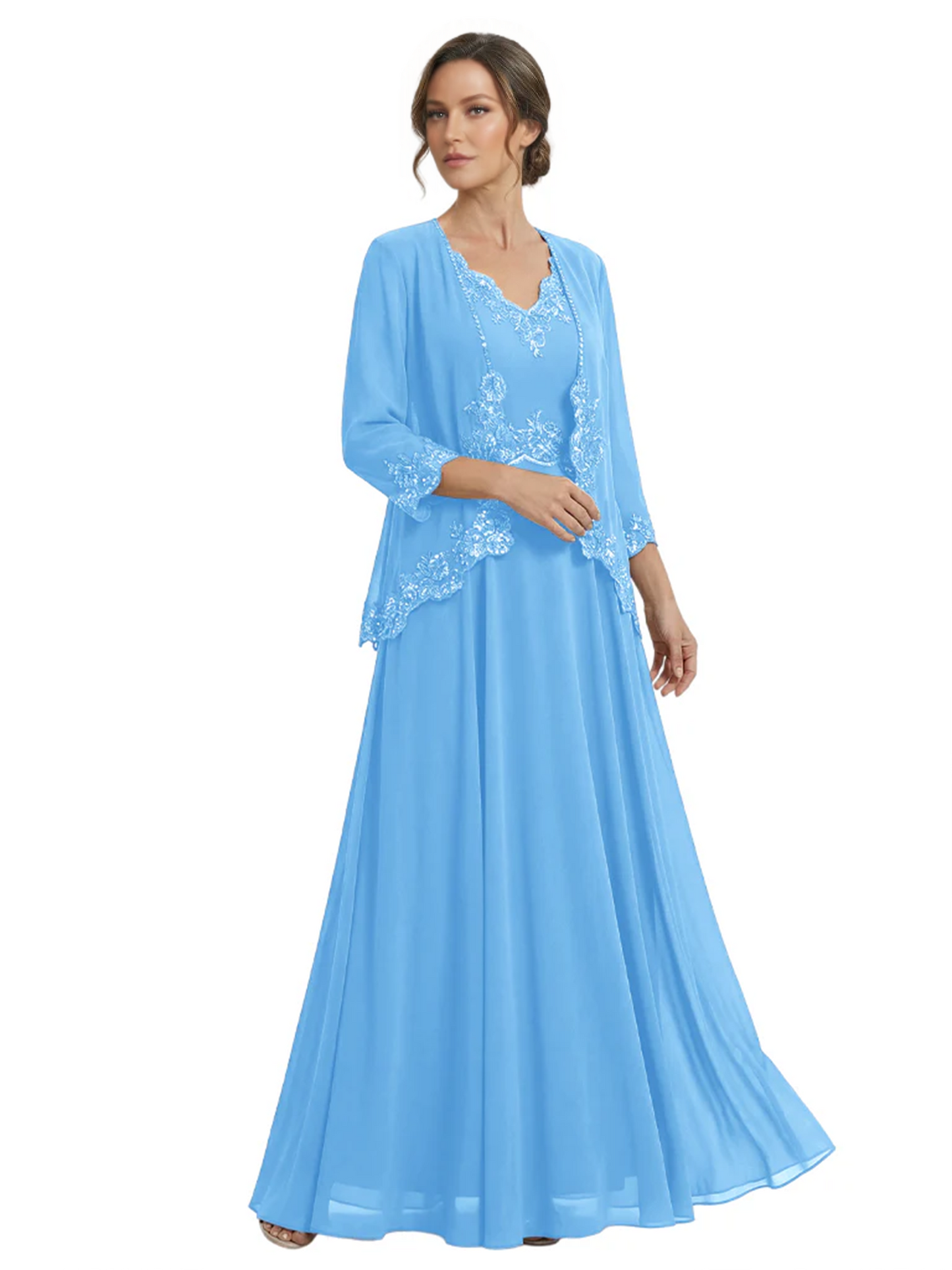 Plus Size A-line Chiffon 3/4 Sleeves Mother of the Brides Dresses Long Jacket Dress