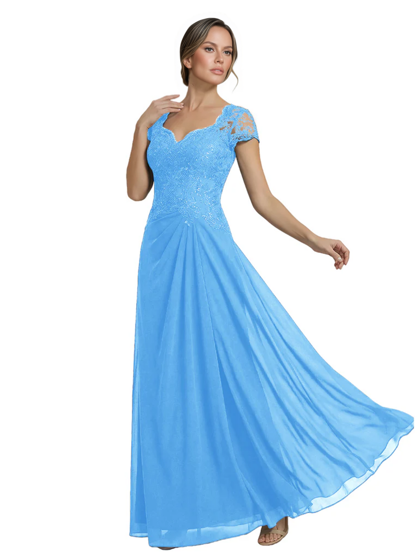 Long A-line Chiffon Short Sleeves Mother of the Brides Dresses Lace Wedding