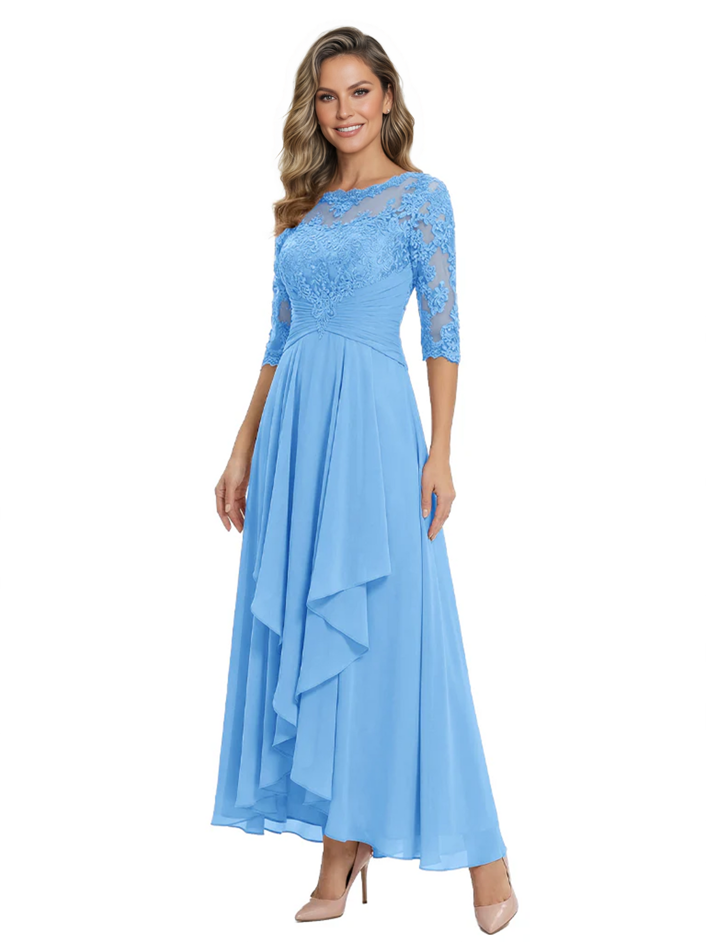 3/4 Sleeve Mother of the Bride Dress with Lace Embroidery High-Low Hem 2026