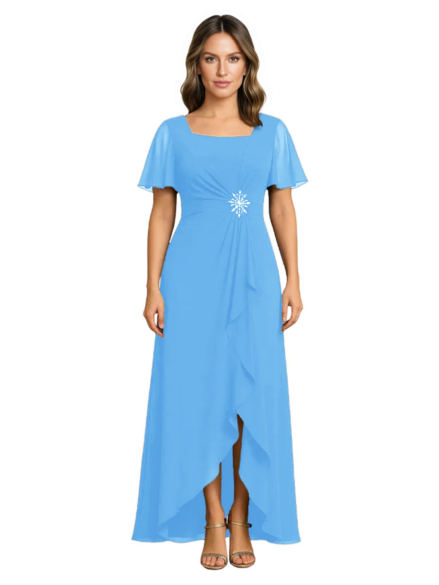 Formal High-Low Mother of the Bride Gown Sleeved Chiffon Maxi Dress Ruched Waist