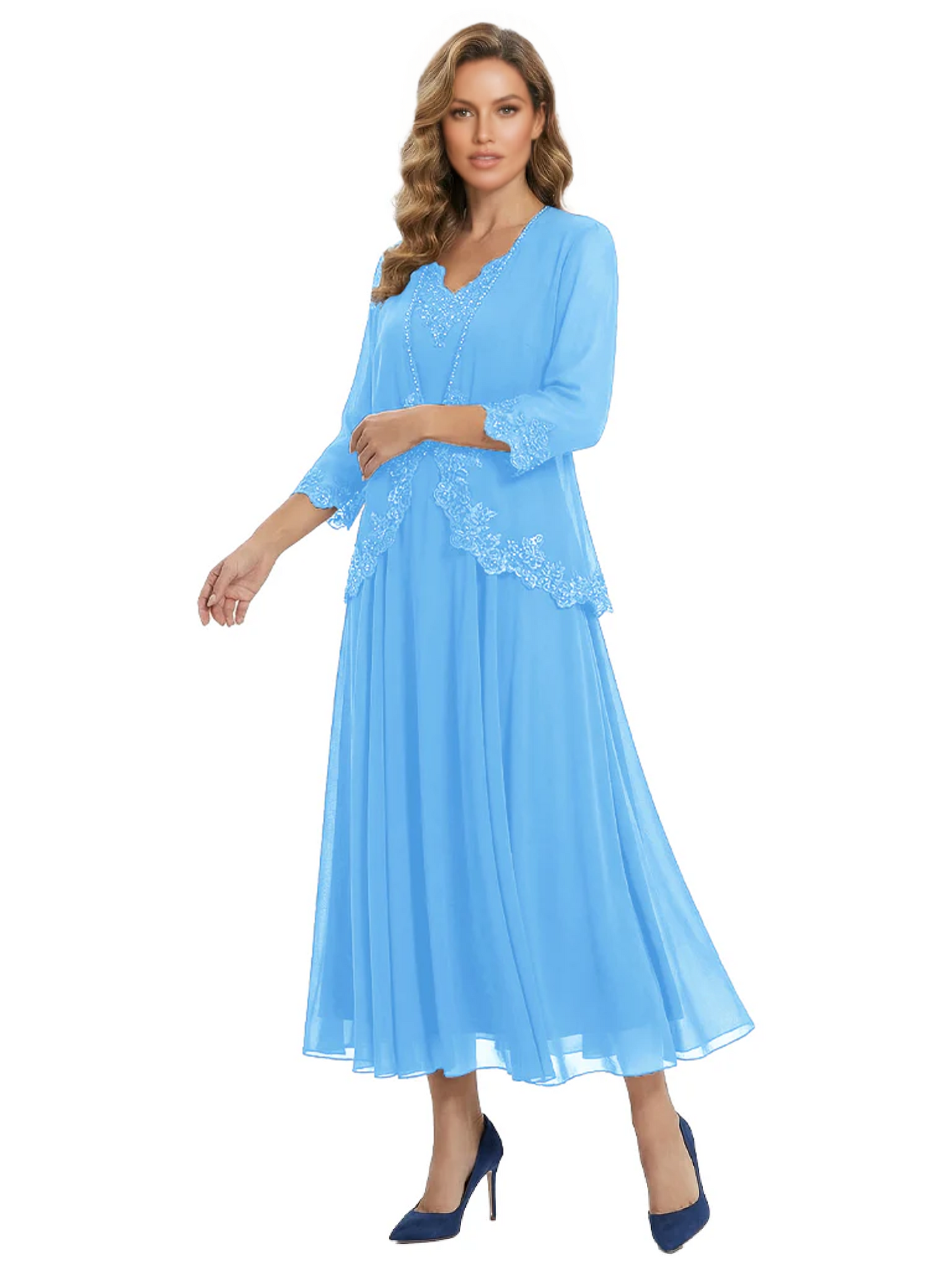 3/4 Sleeve Chiffon Mother of the Brides Dresses V-Neck Wedding Party Gowns