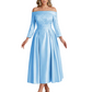 Off Shoulder Mother of the Bride Dress Tea-Length Satin Gown with Lace Applique