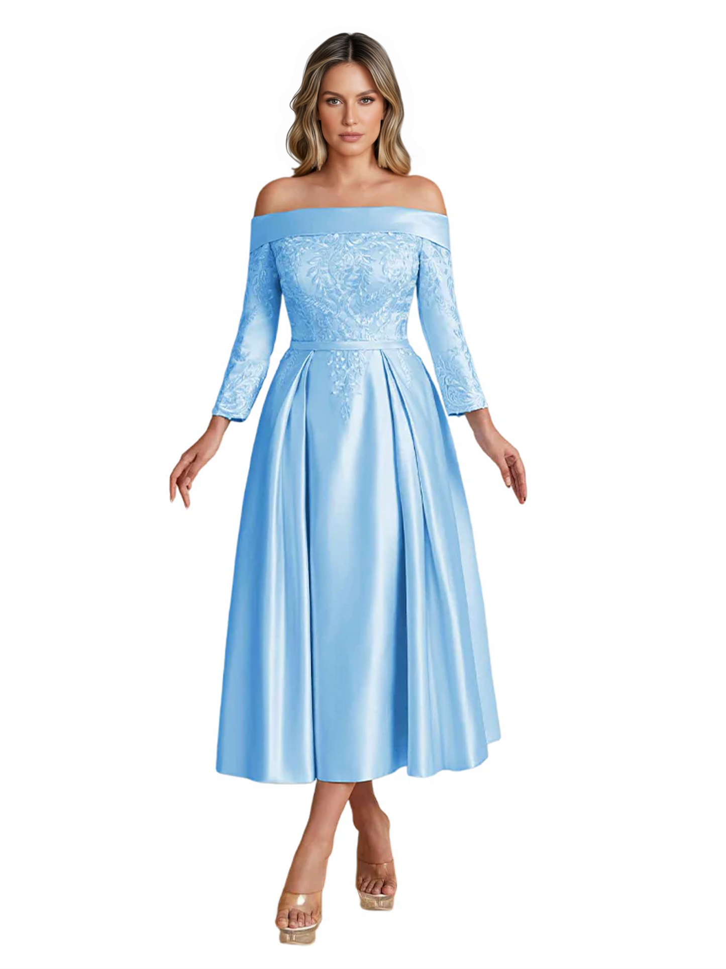 Off Shoulder Mother of the Bride Dress Tea-Length Satin Gown with Lace Applique
