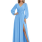 A-Line Mother of Bride Dress V-Neck Chiffon Gown Long Sleeves Slit Formal Dress