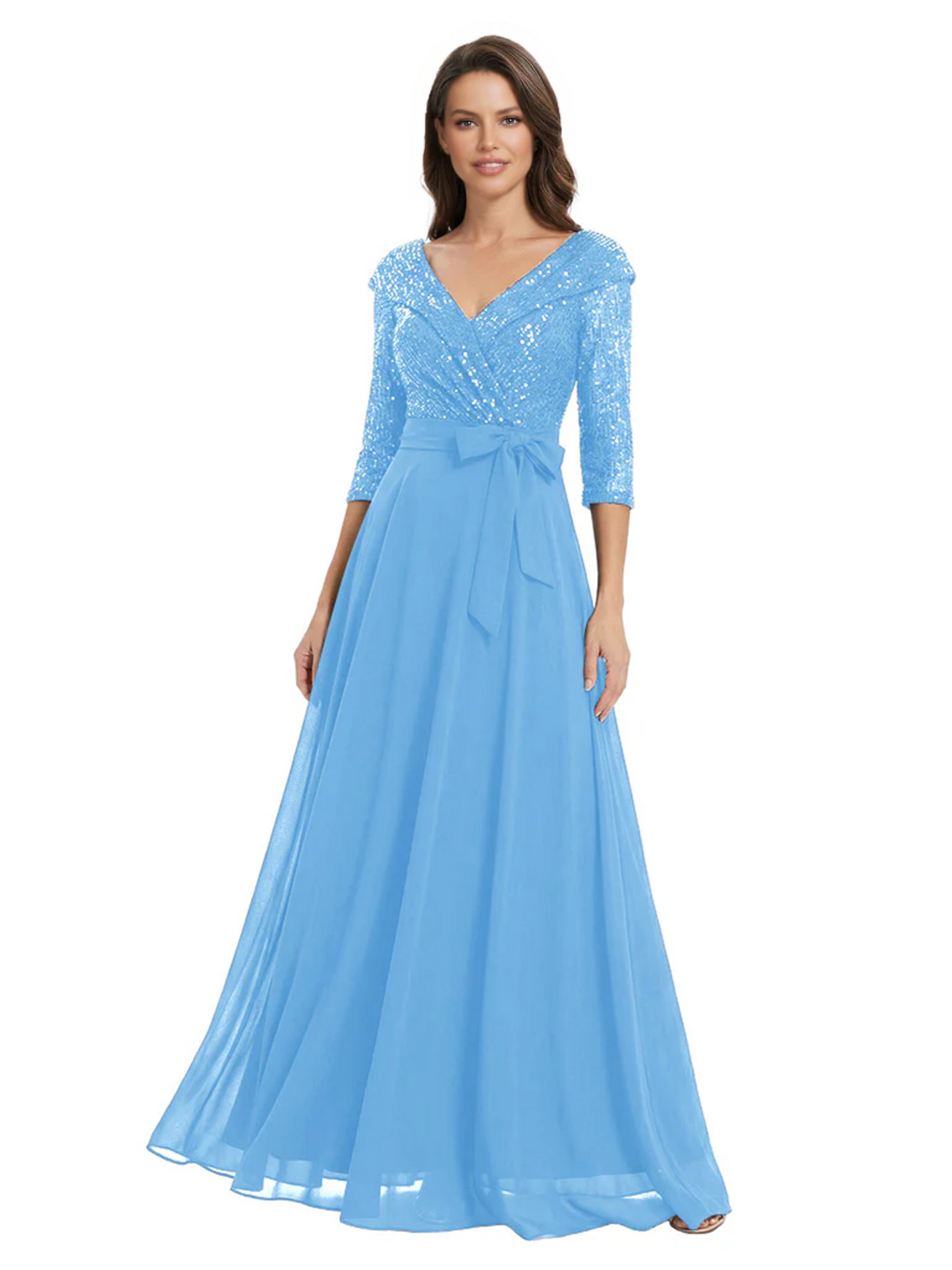 Chiffon Mother of the Bride Dress with Sequin V-Neck and Elegant Bow Sash