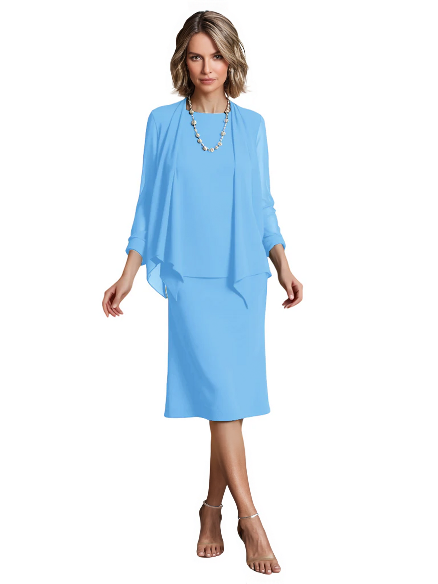 3 PCS Knee-Length Mother of Bride Dresses Prom Dress Evening Dress with Sheer Sleeves and Jacket