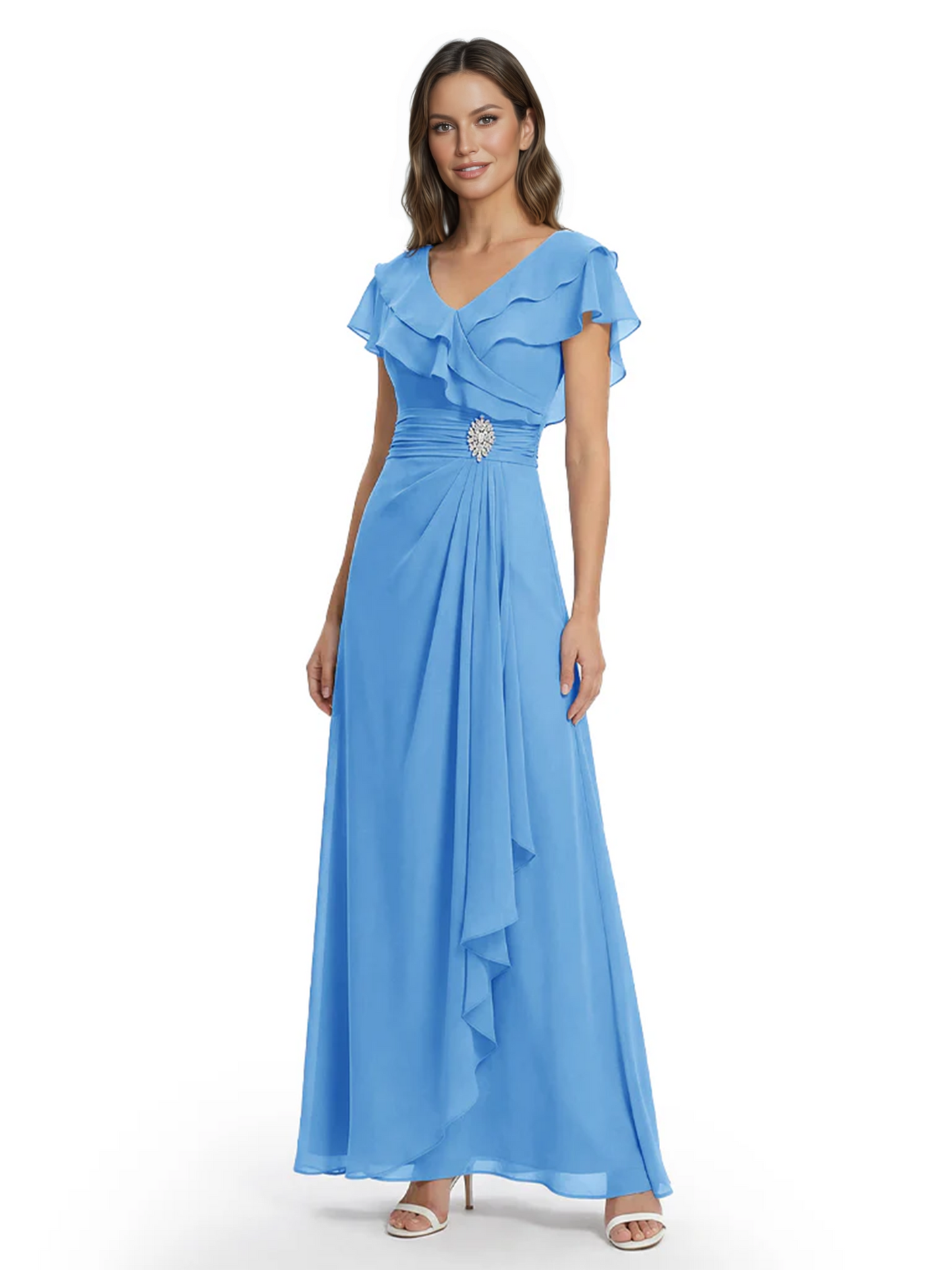 Elegant Mother of the Groom Dress Cascading Ruffle Chiffon Formal Gown Rhinestone
