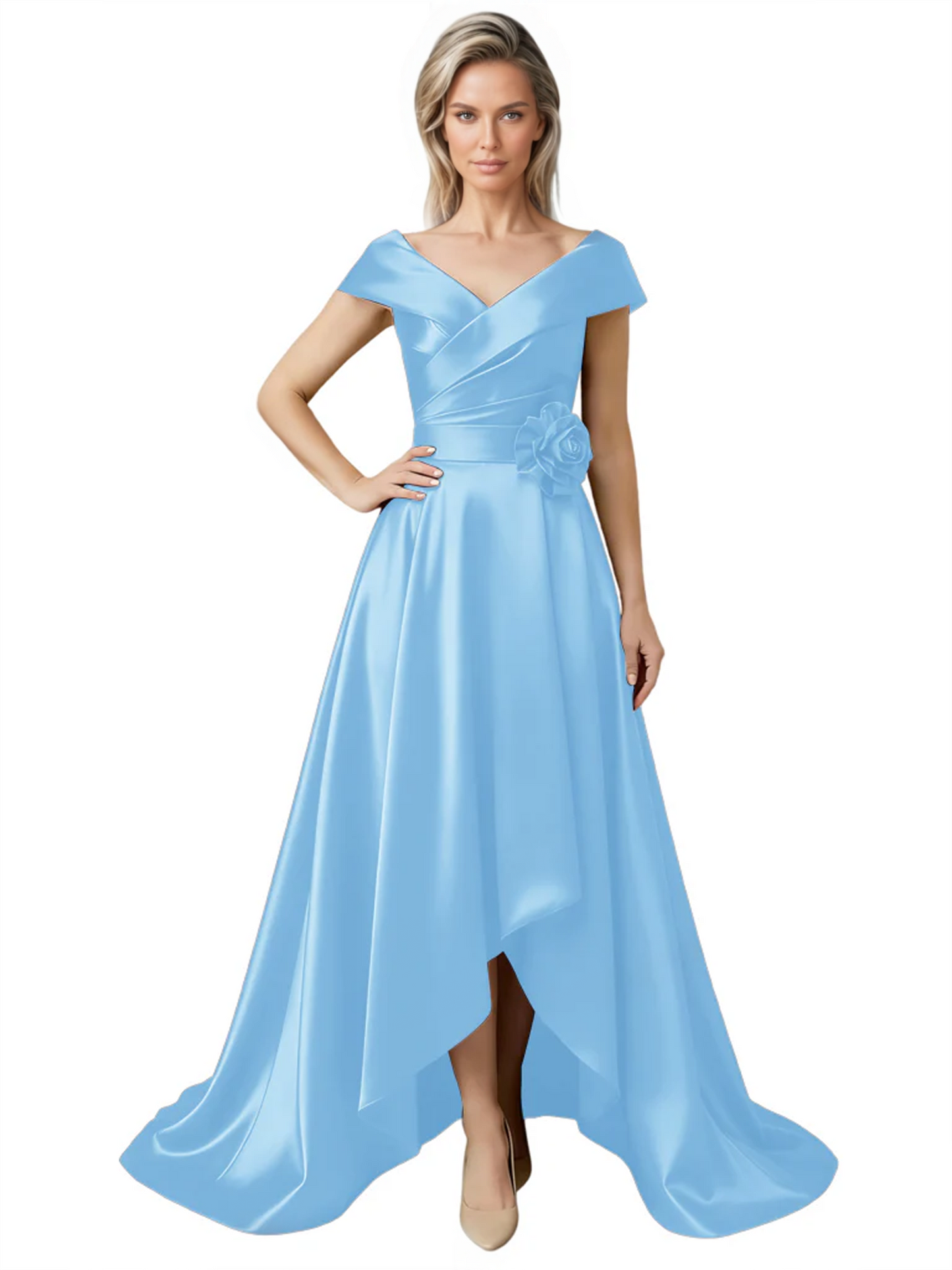 Off Shoulder Mother of the Bride Dress High-Low Satin Gown with Portrait Neckline