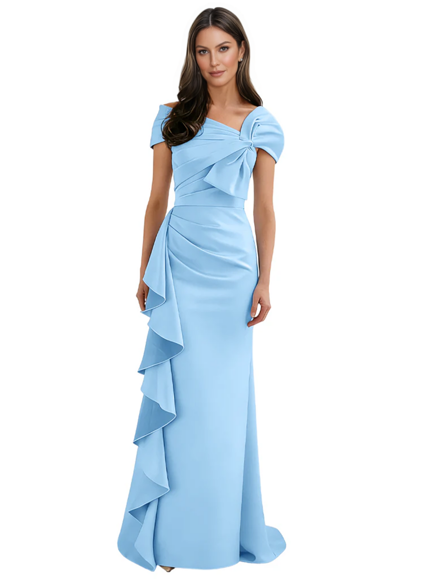 Elegant Mother of Bride Dress Formal Gowns Mermaid Ruffle Floor Length Asymmetric Neckline