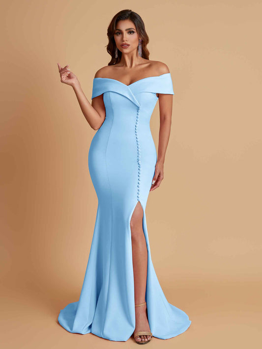 Elegant Soft Satin Mermaid Off Shoulder Side Slit Floor-Length Bridesmaid Dresses