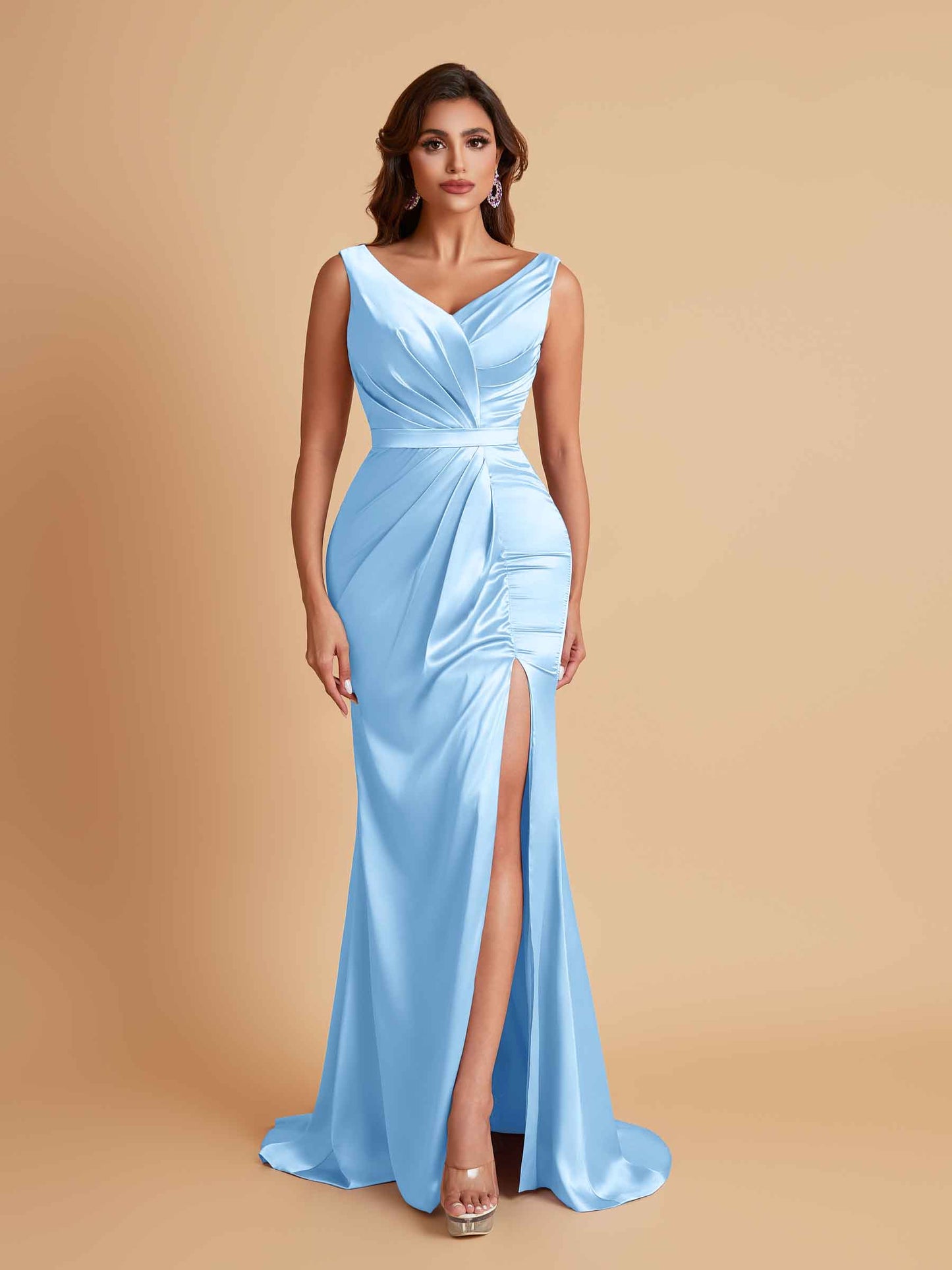Elegant V Neck Soft Satin Side Slit Floor-Length Mermaid Bridesmaid Dresses