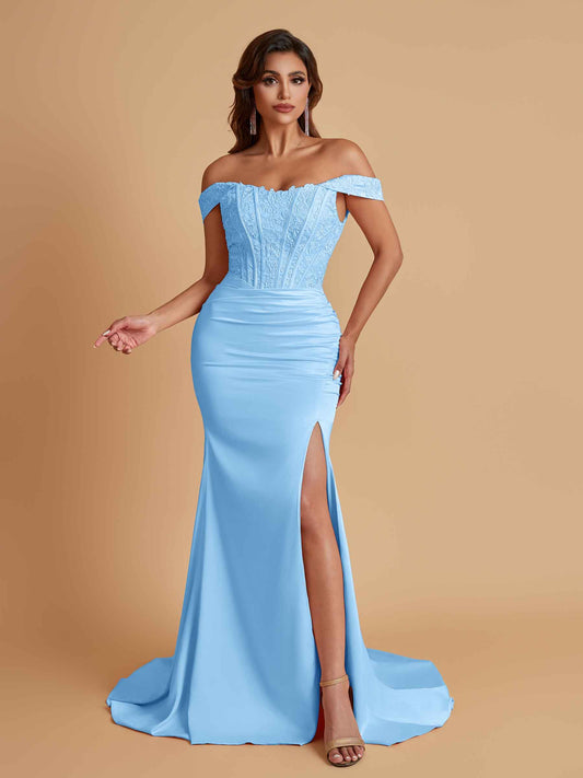Elegant Soft Satin Mermaid Off Shoulder Side Slit Floor-Length Mermaid Bridesmaid Dresses
