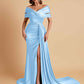 Elegant Soft Satin V-neck Off-the-Shoulder Side-Slit Mermaid Bridesmaid Dresses