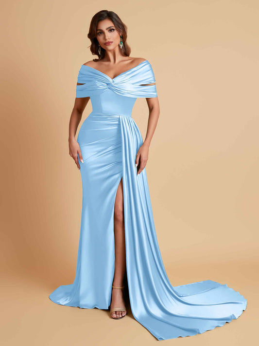 Elegant Soft Satin V-neck Off-the-Shoulder Side-Slit Mermaid Bridesmaid Dresses