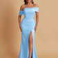 Elegant Soft Satin Mermaid Off Shoulder Asymmetrical Side Slit Floor-Length Bridesmaid Dresses