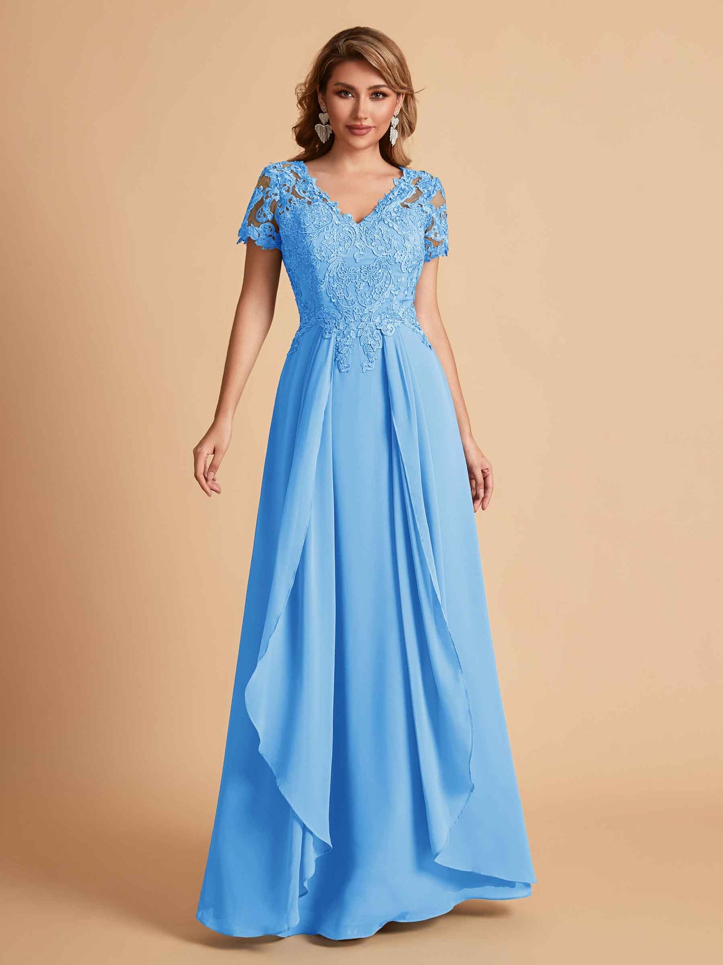 Elegant A-Line Chiffon Short Sleeves V-neck Mother of the Brides Dresses Lace Top MOB Dresses
