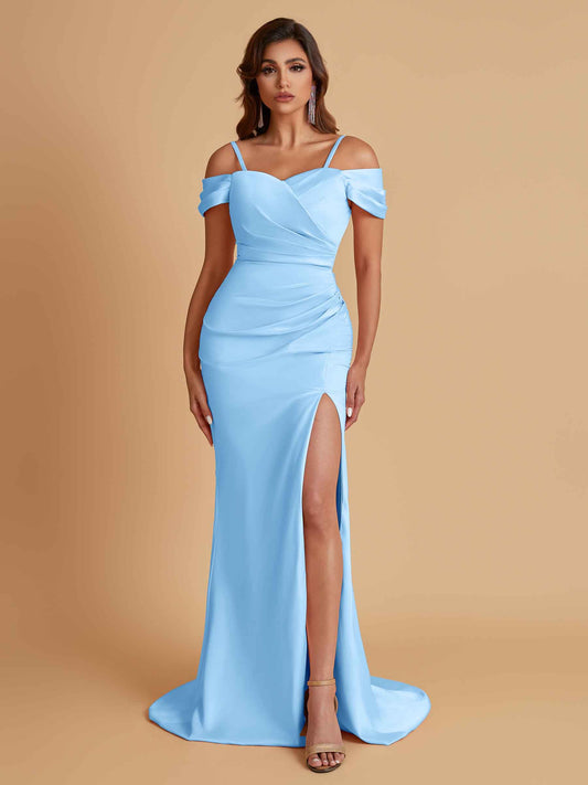 Sexy Soft Satin Mermaid Cold Shoulder Side Slit Floor-Length Bridesmaid Dresses Online