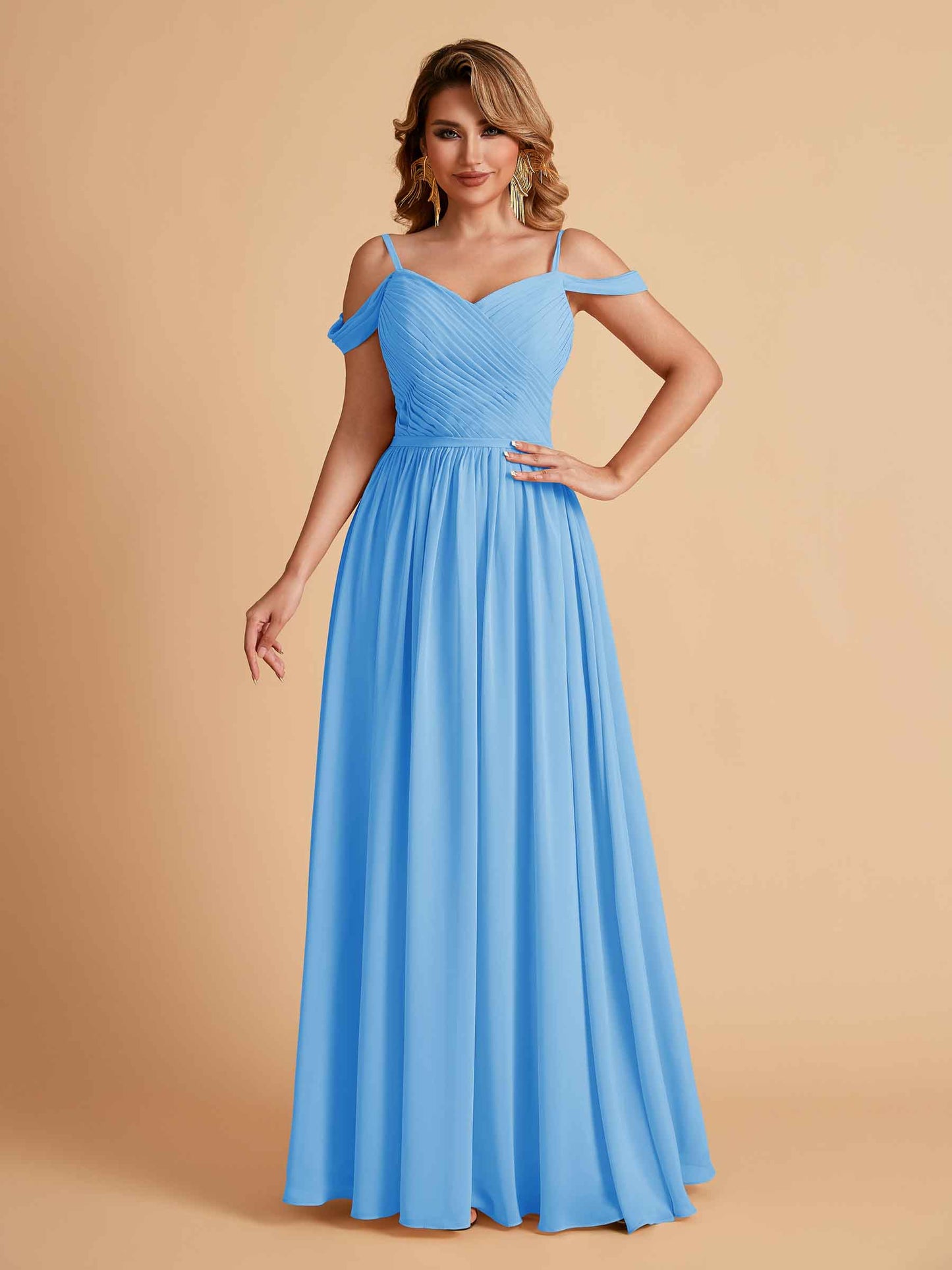 Elegant A-line Chiffon Off The Shoulder V-Neck Bridesmaid Dresses Online
