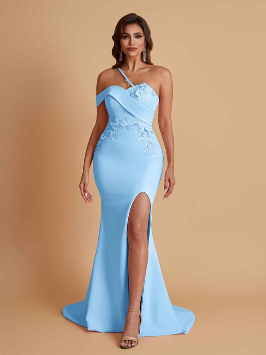 Sexy Soft Satin Mermaid One Shoulder Asymmetrical Side Slit Floor-Length Bridesmaid Dresses