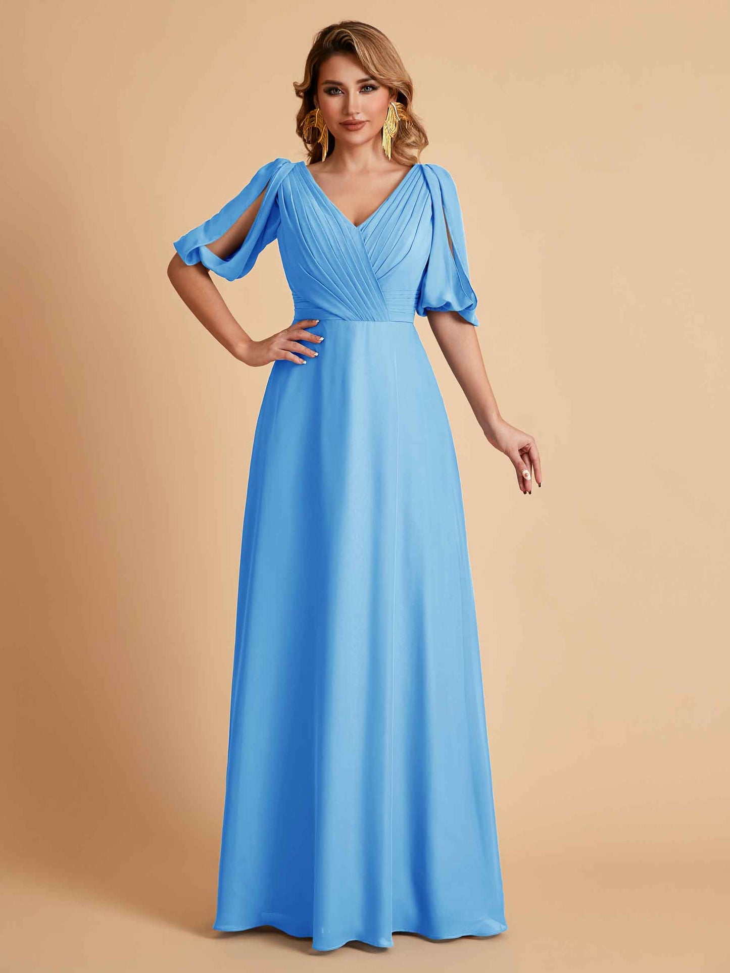 Elegant A-Line Chiffon Half Sleeves V-Neck Mother of the Brides Dresses Online