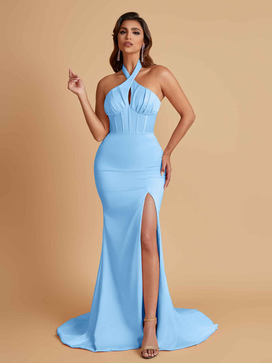 Elegant Soft Satin Mermaid Halter Side Slit Floor-Length Bridesmaid Dresses Online