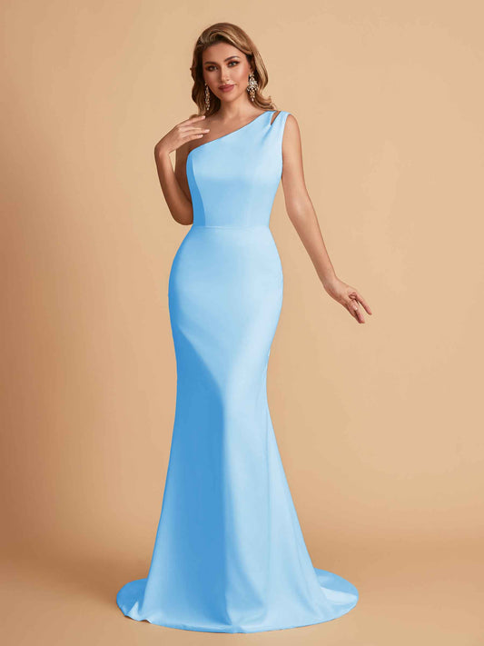 Elegant Satin One Shoulder Mermaid Side Slit Floor Length Bridesmaid Dresses