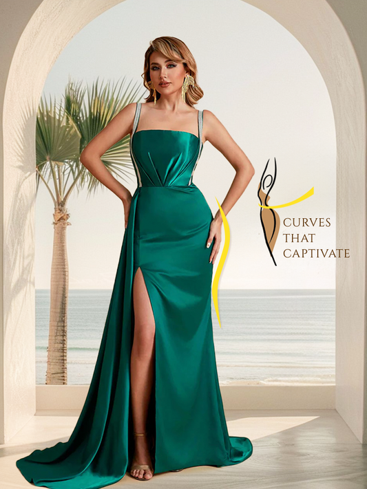 Sexy Satin Mermaid With Train Bridesmaid Dresses Pleats Side-Slit Floor-Length Wedding Guest Dresses
