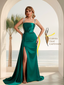Sexy Satin Mermaid With Train Bridesmaid Dresses Pleats Side-Slit Floor-Length Wedding Guest Dresses