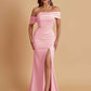 Elegant Soft Satin Mermaid Off Shoulder Asymmetrical Side Slit Floor-Length Bridesmaid Dresses