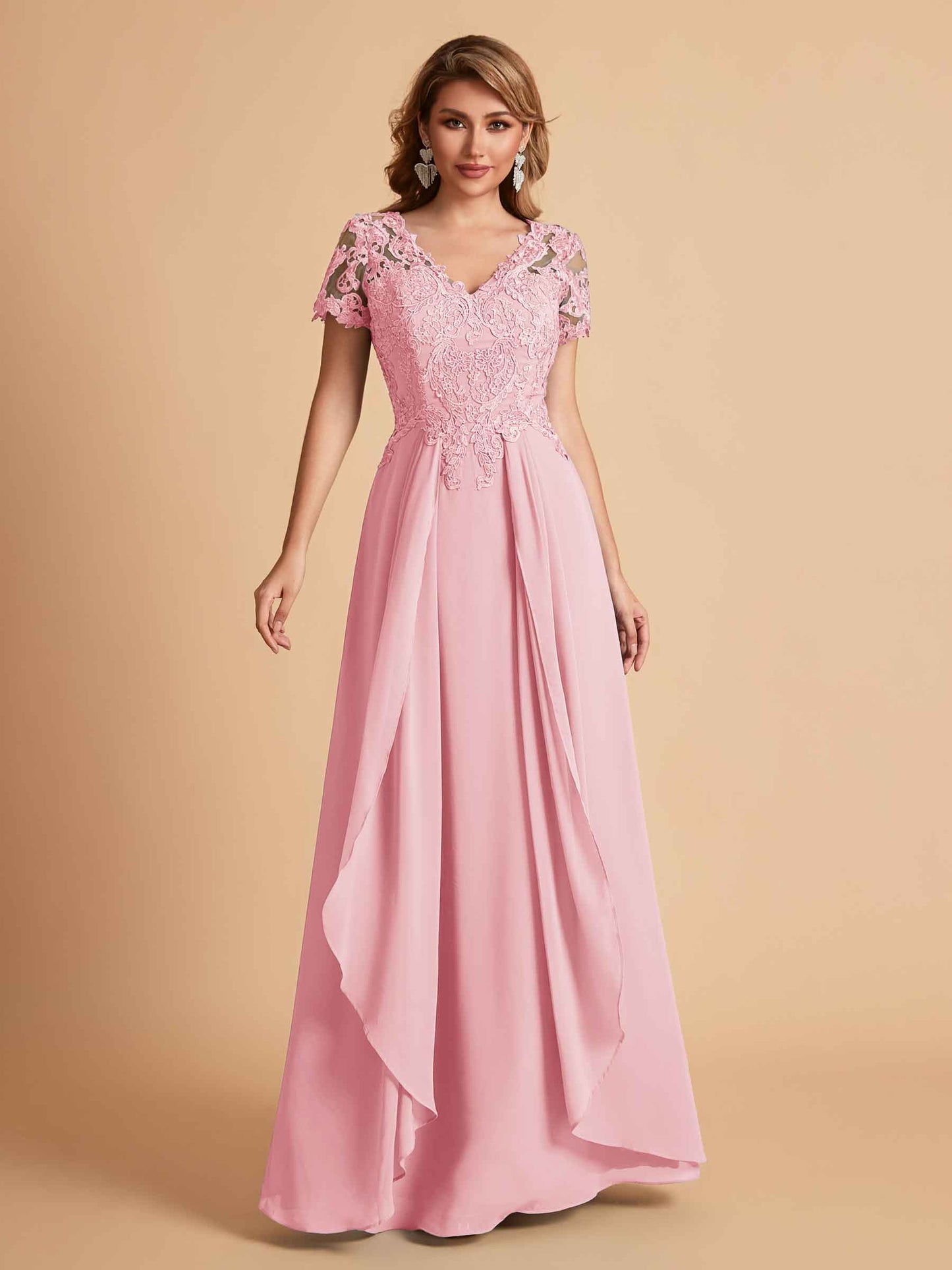 Elegant A-Line Chiffon Short Sleeves V-neck Mother of the Brides Dresses Lace Top MOB Dresses