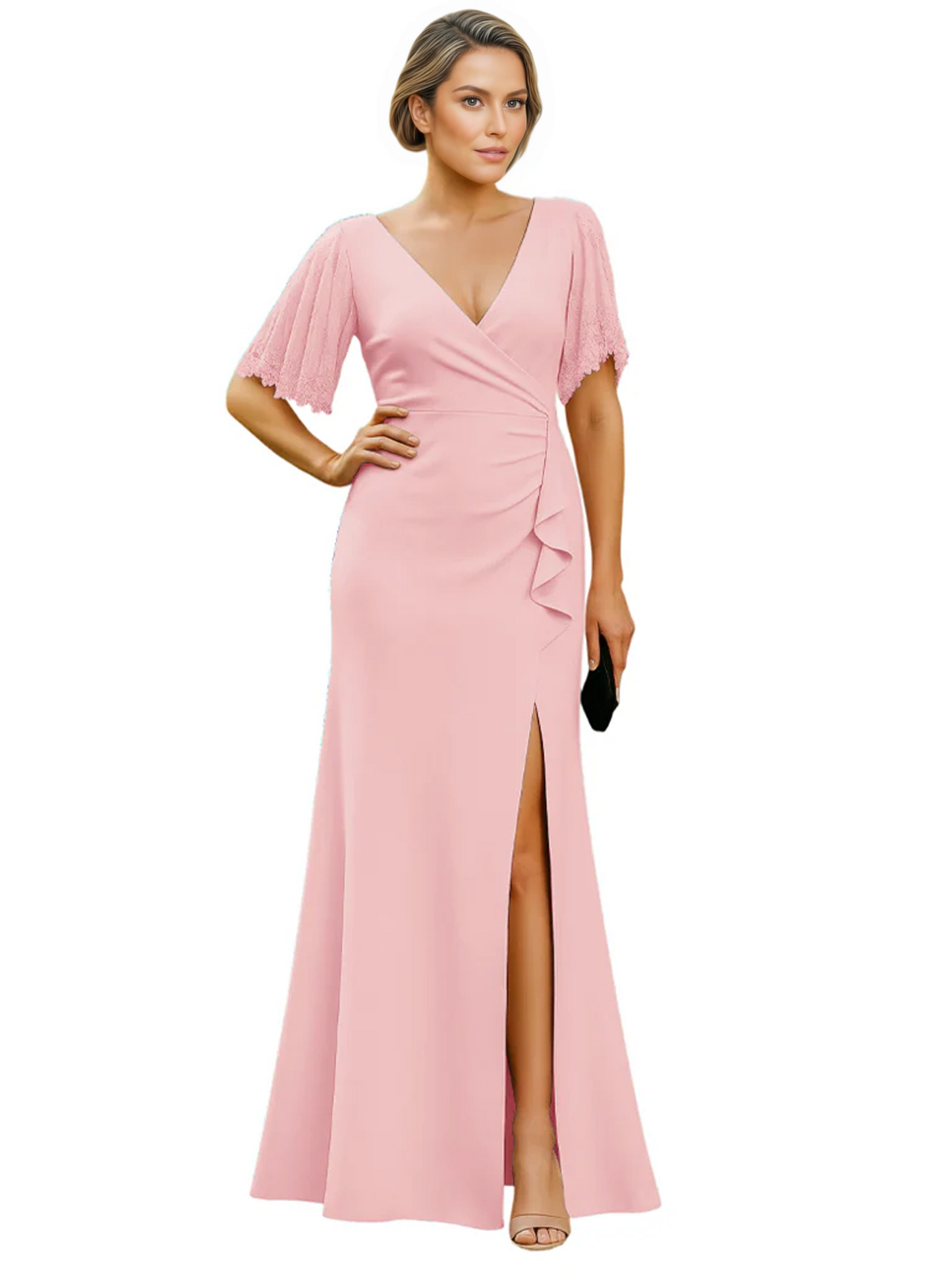 Elegant Evening Gown Trending V-Neck & Ruffle Detail Mother of Bride Outfits Slit
