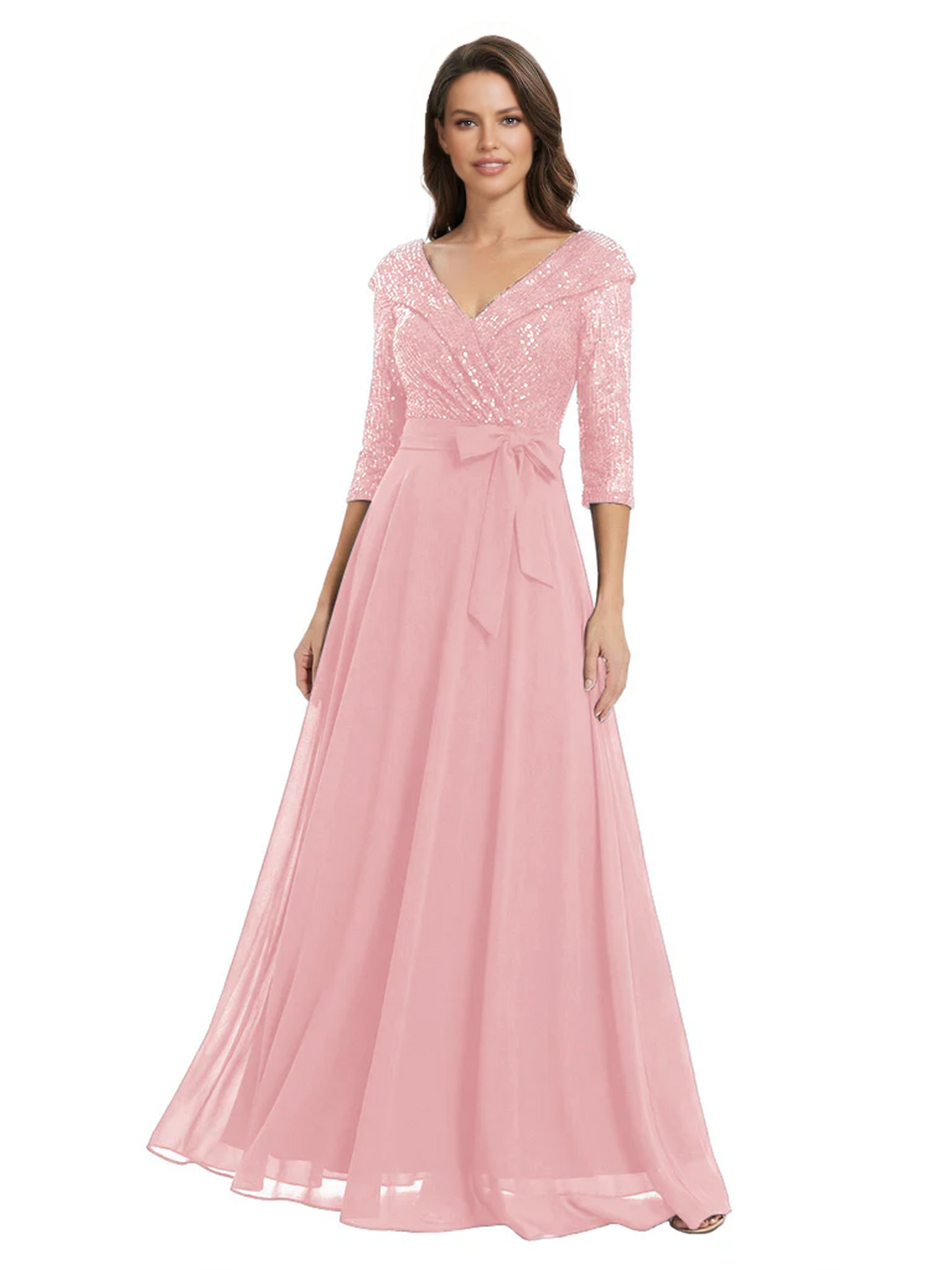 Chiffon Mother of the Bride Dress with Sequin V-Neck and Elegant Bow Sash
