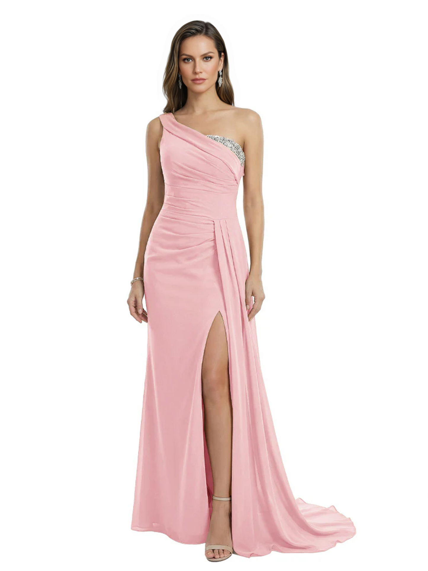 One Shoulder Mother of Bride Dress Ruffle Formal Gowns Mermaid Floor Length Train Slit