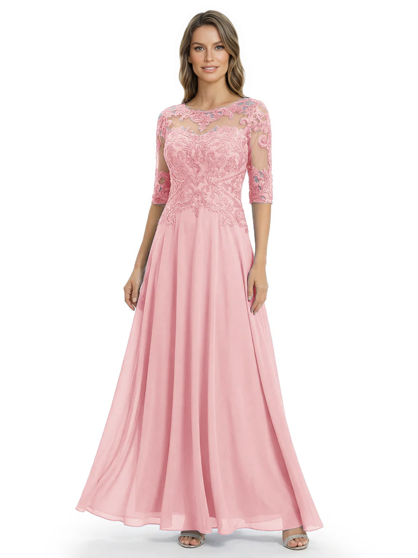 Illusion Neck Mother of the Bride Dress Half Sleeve Lace Applique Gowns Chiffon
