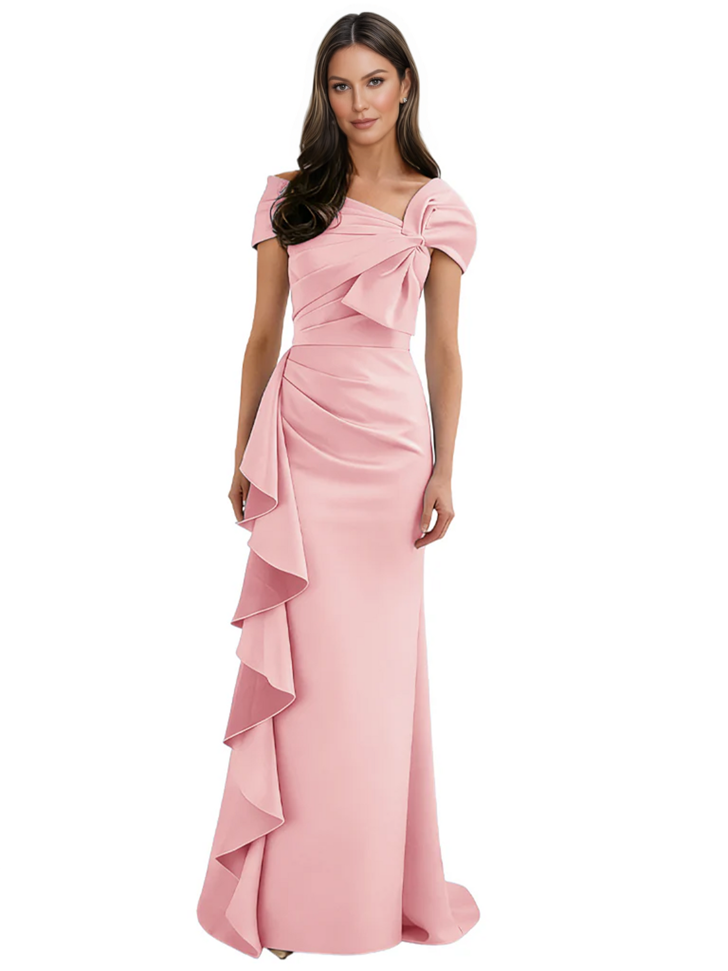 Elegant Mother of Bride Dress Formal Gowns Mermaid Ruffle Floor Length Asymmetric Neckline