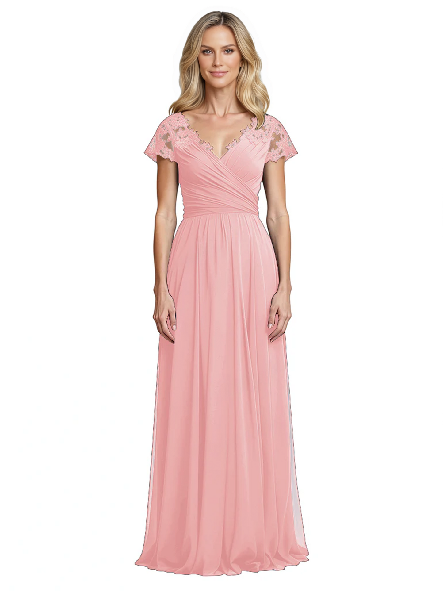 Mother of the Bride Dress Cap Sleeves and V-Neckline with Embroidered Lace Shoulders
