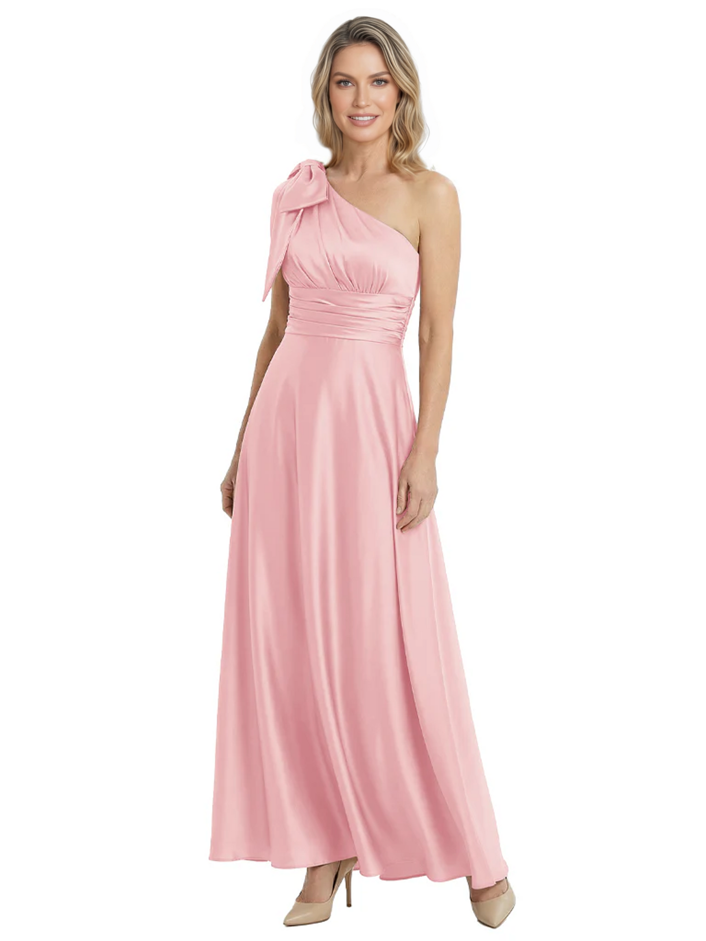 One-Shoulder Mother of the Bride Dress Satin Gown with Bow Ruched Empire Waist