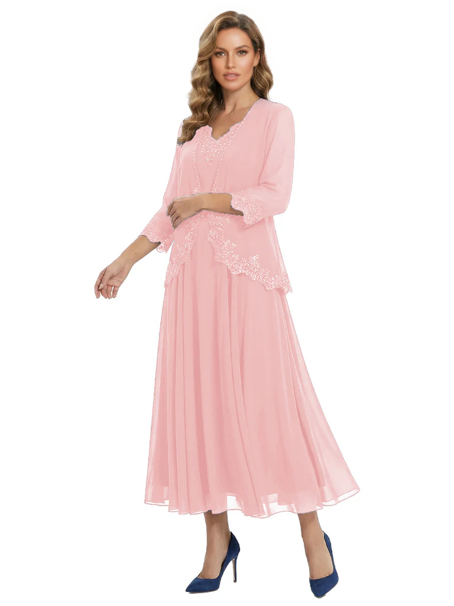 3/4 Sleeve Chiffon Mother of the Brides Dresses V-Neck Wedding Party Gowns