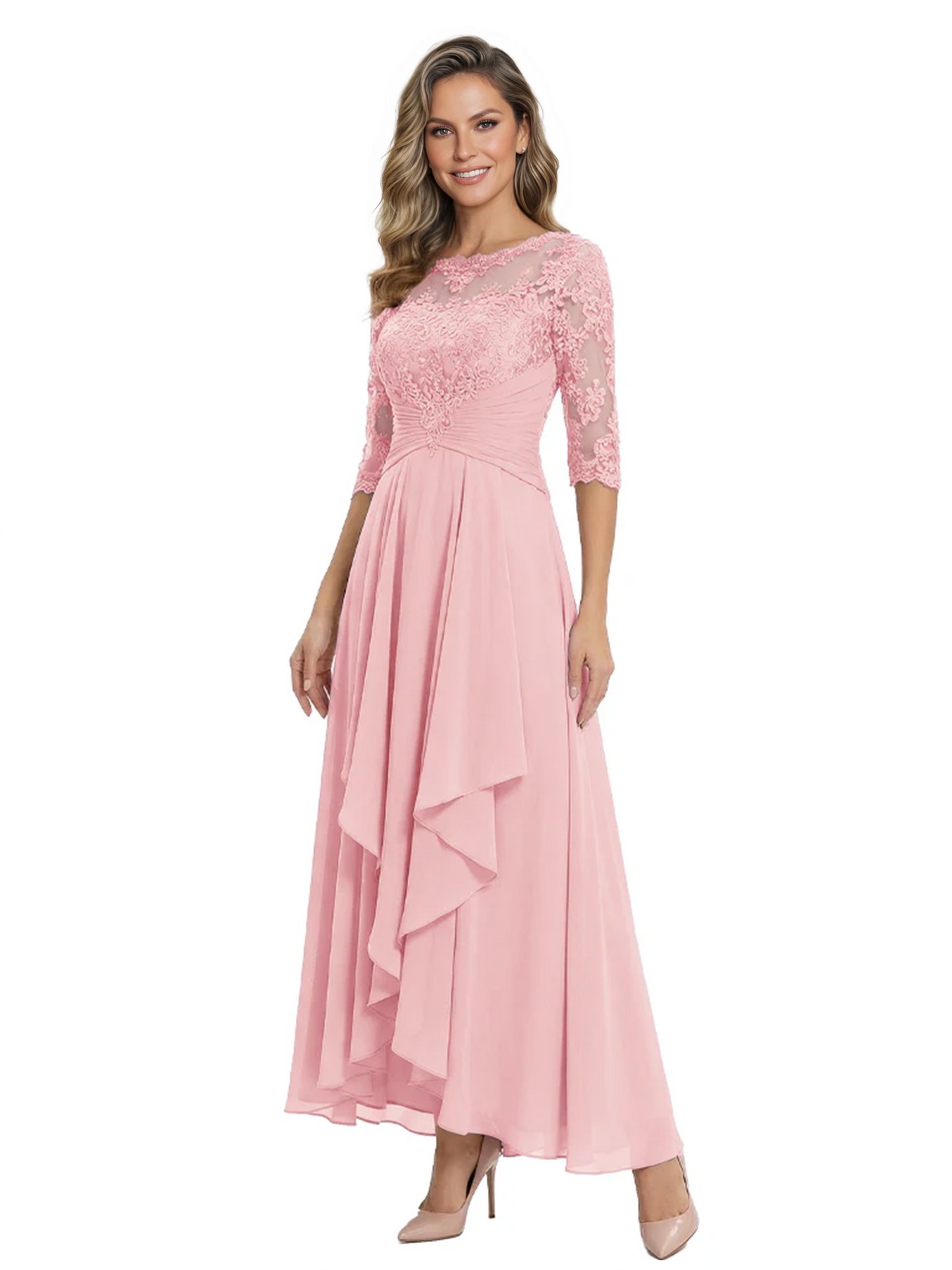 3/4 Sleeve Mother of the Bride Dress with Lace Embroidery High-Low Hem 2026