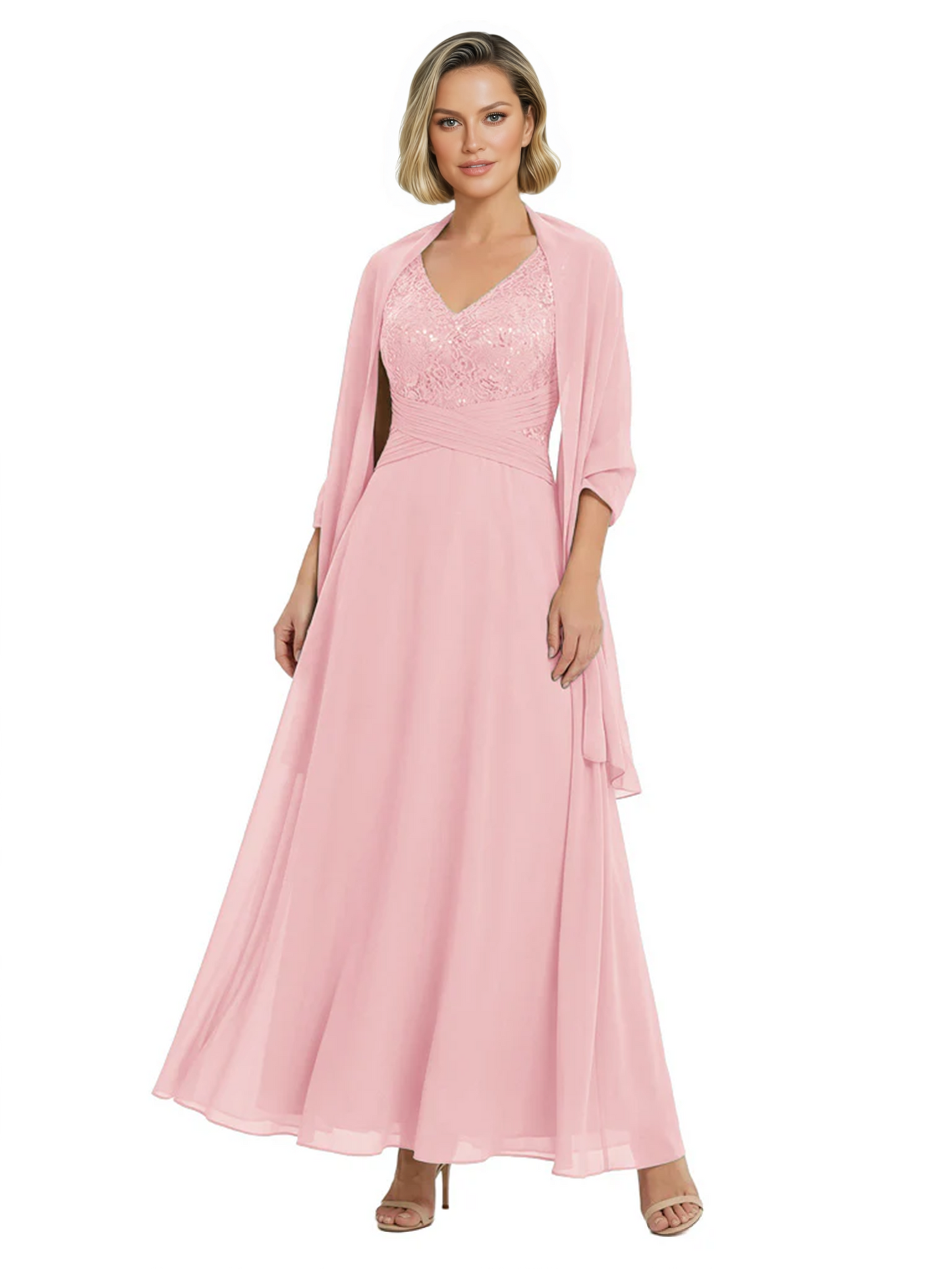 Luxury Formal Mother of Bride Dress Sparkling Sequin Top & Flowy Chiffon Skirt with Shawl