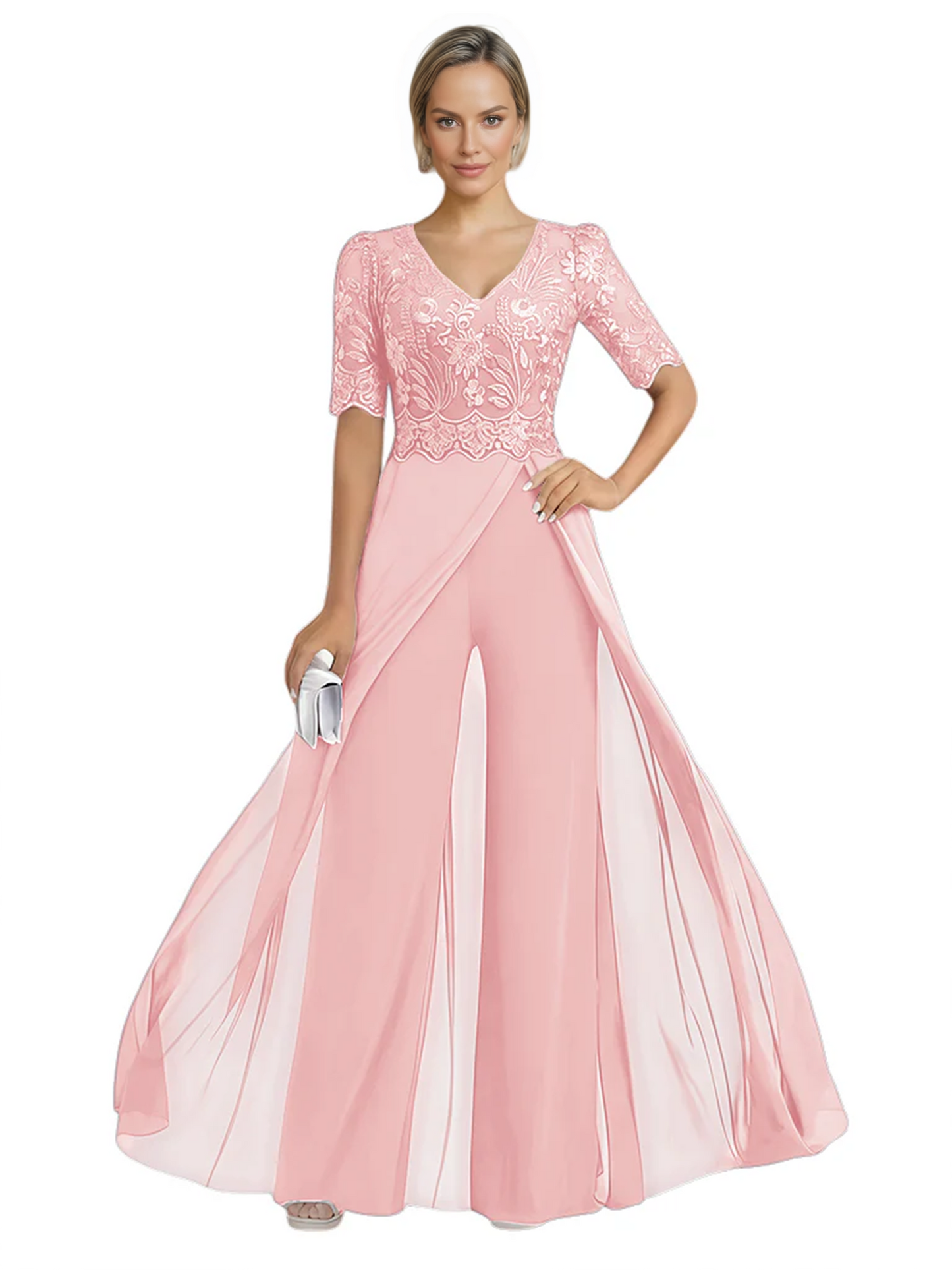 V-Neck Chiffon Mother of the Brides Jumpsuits Dresses Floor Length A-Line Lace